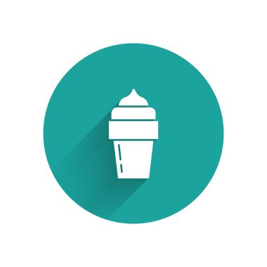 Uzun gölgeli beyaz dondurma ikonu. Güzel sembol. Yeşil daire düğmesi. Vektör.