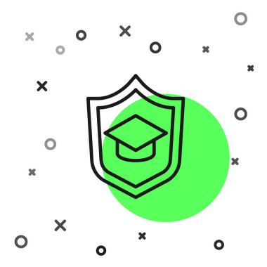 Beyaz arka planda siyah çizgi mezuniyet şapkası ve kalkan simgesi var. Sigorta konsepti. Güvenlik, güvenlik, koruma, konsept koruma. Vektör.