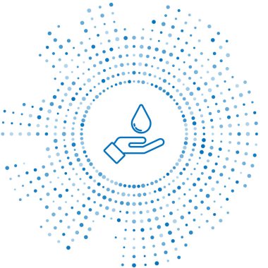 Mavi çizgi, beyaz arka planda izole edilmiş sabun ikonu ile ellerini yıkıyor. Virüs ve bakterileri önlemek için ellerini sabunla yıkıyorsun. Soyut çember rastgele noktalar. Vektör.