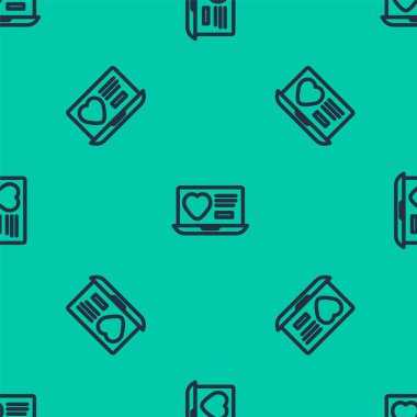 Mavi Hat Randevu uygulaması çevrimiçi dizüstü bilgisayar konsepti simgesi yeşil arka planda izole edilmiş kusursuz desen. Kadın erkek profili düz tasarım. Çift ilişki için eşleşiyor. Vektör.