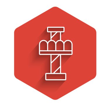 Beyaz çizgi atlıkarınca ikonu uzun gölgeli izole edilmiş. Eğlence parkı. Çocuklar için eğlence parkı, eğlence parkı. Kırmızı altıgen düğmesi. Vektör.