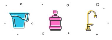 Sürahi bardağı suyla doldurun, büyük şişe temiz ve su musluğu ikonu. Vektör