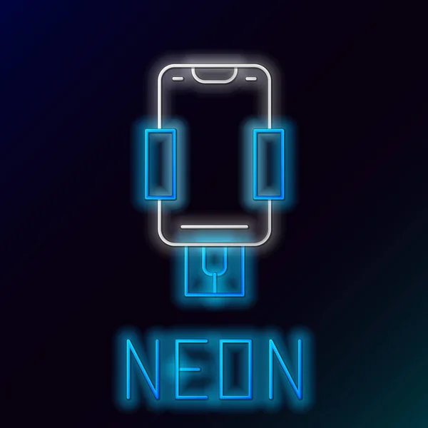 Glowing Neon Line Mobile Phone Holder Icon Isolated Black Background — Stock Vector