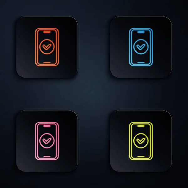 彩色霓虹灯线智能手机 手机图标隔离在黑色背景 在正方形按钮中设置图标 — 图库矢量图片
