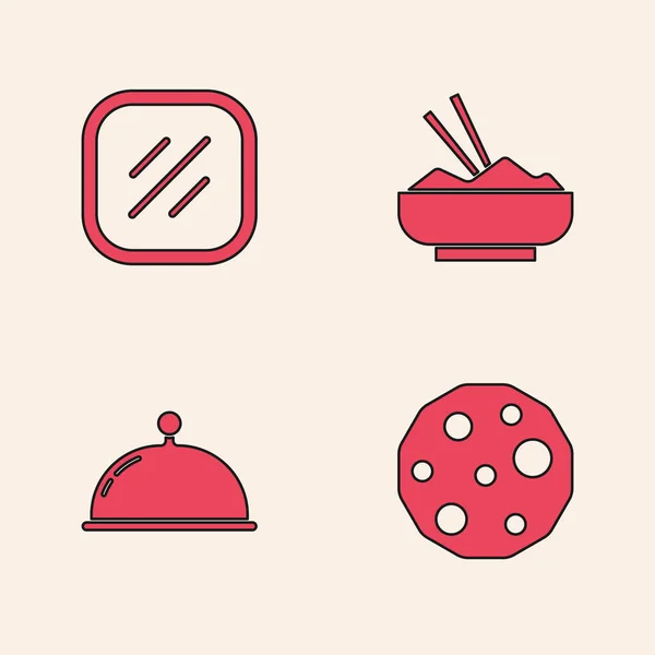 设置饼干或饼干 牛排肉 米饭碗与筷子和涵盖托盘图标 — 图库矢量图片