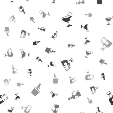 Kokteyl, bardaklı şarap şişesi, viski ve şampanyalı buz kovasını pürüzsüz bir şablona ayarla. Vektör