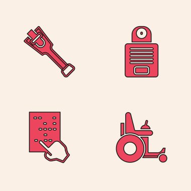 Elektrikli sandalye, protez bacak, Intercom ve Braille ikonu. Vektör