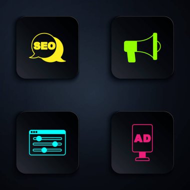 Reklamcılığı, SEO optimizasyonunu, Tarayıcı ayarlarını ve Megaphone 'u ayarla. Siyah kare düğme. Vektör