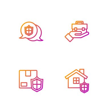 Evi kalkan, teslimat güvenliği, konum ve el çantası ile donatın. Renk simgeleri. Vektör