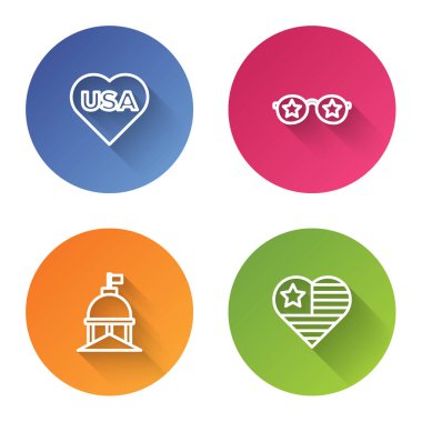 Amerika 'nın Bağımsızlık Günü, Yıldızlı Gözlükler, Beyaz Saray ve Renkli daire düğmesi. Vektör