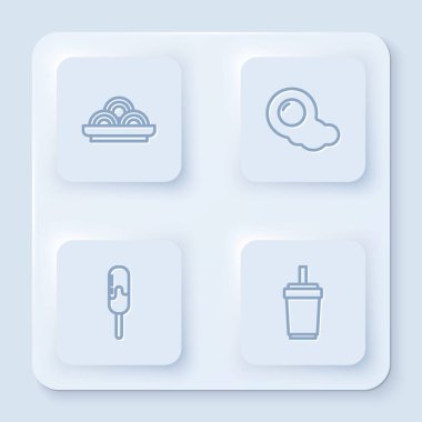 Asya eriştelerini kaseye koy, çırpılmış yumurta, dondurma ve samanlı kağıt bardak. Beyaz kare düğme. Vektör