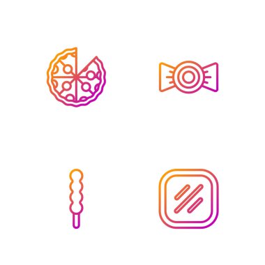 Biftek, lolipop, pizza ve şeker. Renk simgeleri. Vektör