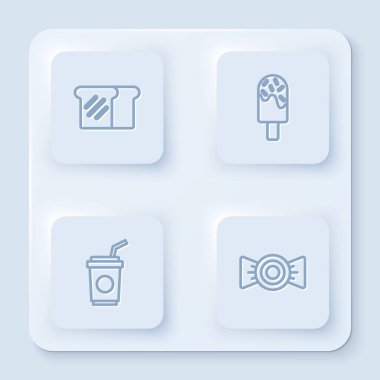 Ekmek tostu, dondurma, kamışlı kağıt bardak ve şeker. Beyaz kare düğme. Vektör