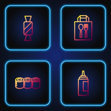 Sos şişesi, suşi, şeker ve internetten sipariş ver. Renk simgeleri. Vektör