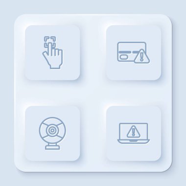 Parmak izi, kredi kartı, güvenlik kamerası ve ünlem işaretli dizüstü bilgisayar ayarlayın. Beyaz kare düğme. Vektör