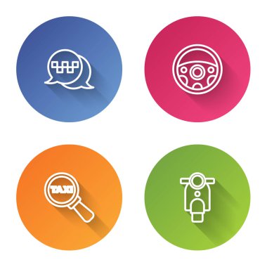 Taksi, telefon, direksiyon, büyüteç, taksi ve scooter 'ı ayarla. Renkli daire düğmesi. Vektör