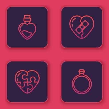 Aşk iksiri, Kalp, Kırık Kalp ve Elmas nişan yüzüğüyle dizilmiş bir çizgi. Mavi kare düğme. Vektör