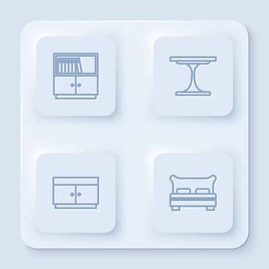 Sıralı kütüphane rafı, yuvarlak masa, çekmeceler ve büyük yatak. Beyaz kare düğme. Vektör