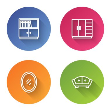 Kütüphane kitaplığı, gardırop, ayna ve kanepeyi ayarla. Renkli daire düğmesi. Vektör