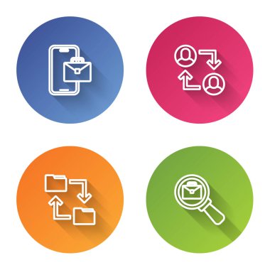 Freelancer hattı, Proje ekibi üssü, Bulut depolama dosyası ve evrak çantalı büyüteç. Renkli daire düğmesi. Vektör