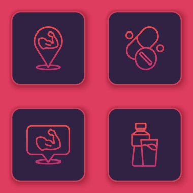 Vücut geliştirici kas, vitamin hapı ve camlı bir şişe su. Mavi kare düğme. Vektör