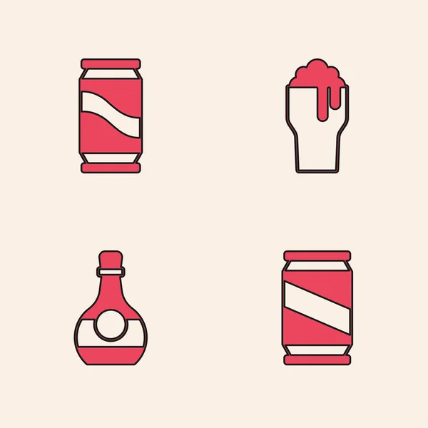 Set Lata Cerveza Vaso Cerveza Botella Coñac Brandy Icono Vector — Archivo Imágenes Vectoriales