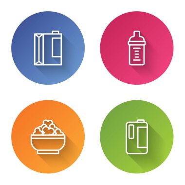 Kefir için kağıt paketi, şişedeki bebek sütü, süzme peynir ve süt plastiği. Renkli daire düğmesi. Vektör