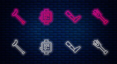 Çizgi, akıllı saat, protez bacak, baston ve baston. Tuğla duvarda parlayan neon simgesi. Vektör