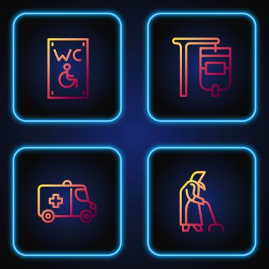 Hattı ayarla büyükanne, acil servis arabası, özürlüler için ayrı tuvalet ve serum torbası. Renk simgeleri. Vektör