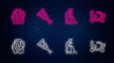 Koltuk değneği veya koltuk değneği, büyükanne, işitme cihazı ve elektrikli sandalye ayarlayın. Tuğla duvarda parlayan neon simgesi. Vektör