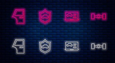 Hat arabasını kalkanla donatın, arabanın durumunu, kapıyı ve Chassis 'i belirleyin. Tuğla duvarda parlayan neon simgesi. Vektör