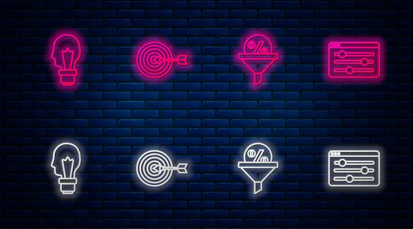 Set line Target, Lead management, Light bulb with concept of idea and Browser setting. Glowing neon icon on brick wall. Vector