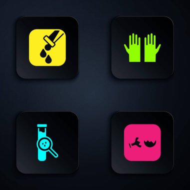 Kırık matara, test tüpü ve tıbbi lastik eldivenleri hazırlayın. Siyah kare düğme. Vektör