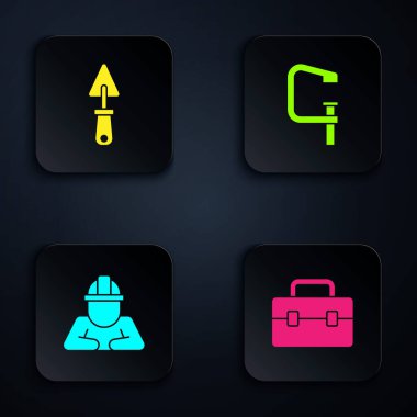 Alet kutusu, Trowel, Builder ve Clamp ayarlayın ve vida aracı. Siyah kare düğme. Vektör