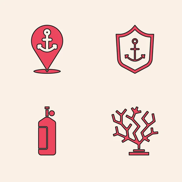 Set Coral, Location with anchor, Anchor inside shield and Aqualung icon. Vector — Vetor de Stock