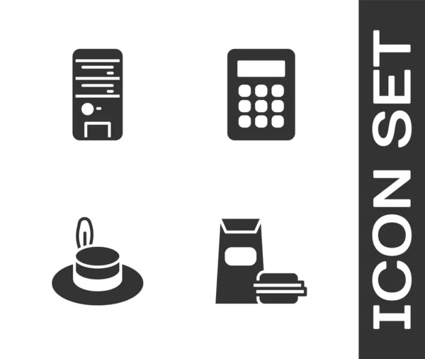 Ustaw Burger, Komputer, Człowiek kapelusz i ikona Kalkulator. Wektor — Wektor stockowy