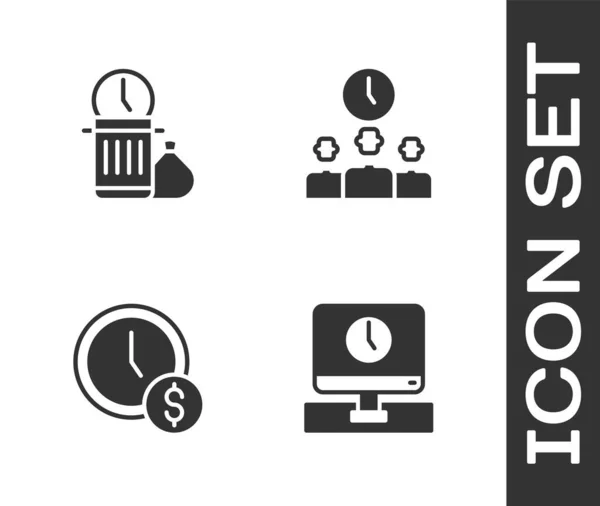 Establecer el tiempo de monitor, la pérdida de tiempo, el tiempo es dinero y el icono de gestión. Vector — Archivo Imágenes Vectoriales