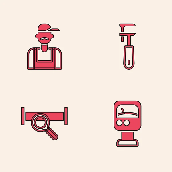 Set Medidor de agua a presión, fontanero, llave ajustable de tubería e icono de tubería metálica de la industria. Vector — Archivo Imágenes Vectoriales