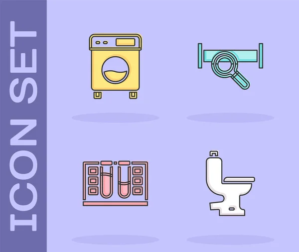 Set inodoro, lavadora, tubo de ensayo con gota de agua e icono de tubo metálico de la industria. Vector — Vector de stock