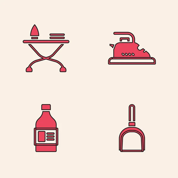 Set Dustpan, Plancha y tabla de planchar, Eléctrico y Botella para el icono del agente de limpieza. Vector — Archivo Imágenes Vectoriales