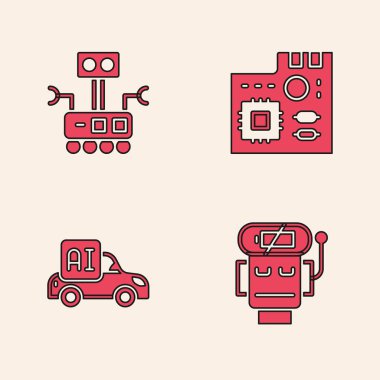 Robot düşük akü şarjı, ana kart dijital çip ve otonom akıllı araba ikonu ayarla. Vektör