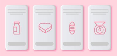 Sütlü bir şişe, kalp şeklinde bir kutu şeker, ekmek ve pullu ekmek. Beyaz dikdörtgen düğme. Vektör