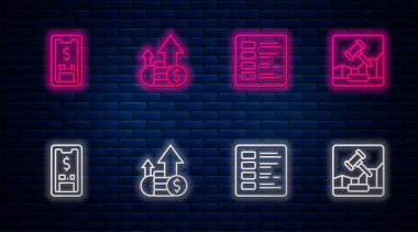 Set hattı Finansal büyüme ve madeni para, Business finansı raporu, dolarlı mobil ve Online internet açık artırması. Tuğla duvarda parlayan neon simgesi. Vektör