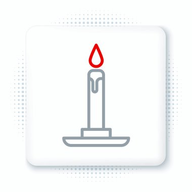 Beyaz arkaplanda izole edilmiş şamdan simgesinde çizgi yakma mumu. Silindirik mum çubuğu ve yanan ateş. Renkli taslak konsepti. Vektör