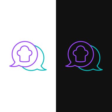 Beyaz ve siyah arkaplanda izole edilmiş, konuşma balonu ikonundaki hat şefi şapkası. Aşçılık sembolü. Aşçı şapkası. Renkli taslak konsepti. Vektör