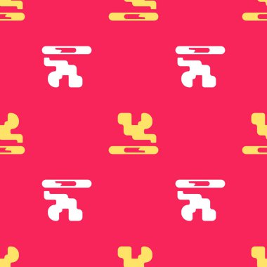 Sarı Sigara simgesi kırmızı arkaplanda izole edilmiş. Tütün tabelası. Sigara içme sembolü. Vektör