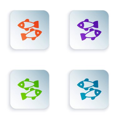 Renkli ölü balık simgesi beyaz arkaplanda izole edildi. Kare düğmelere renkli simgeleri yerleştir. Vektör