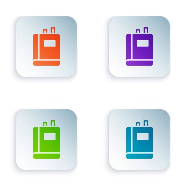 Renk Kitabı simgesi beyaz arkaplanda izole edildi. Kare düğmelere renkli simgeleri yerleştir. Vektör