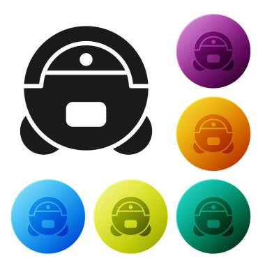 Siyah Robot elektrikli süpürge ikonu beyaz arka planda izole edildi. Otomatik süpürme için ev aletleri, ev temizliği için dijital cihazlar. Simgeleri renk daire düğmelerine ayarla. Vektör