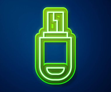 Parlayan neon hattı USB flash disk simgesi mavi arkaplanda izole edildi. Vektör İllüstrasyonu